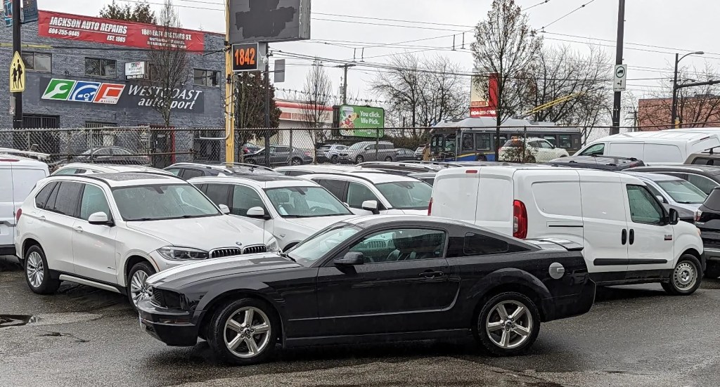 Seitenansicht eines schwarzen Ford Mustangs, der vor einigen anderen Autos auf dem Parkplatz eines Gebrauchtwagenhändlers steht.