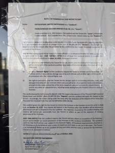 Notice on the door of the pub by the owner stating that the tenant owes over 51,000 Canadian dollars in rent and that the pub was therefore closed.