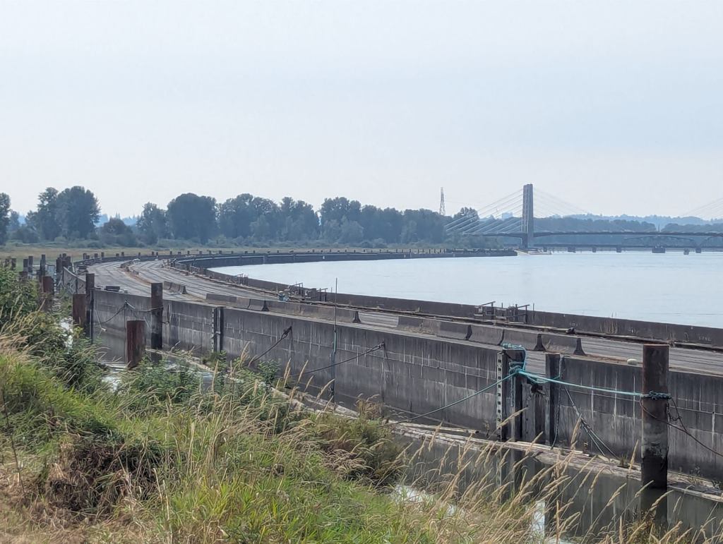In einem Fluss ist eine zweispurige Fahrbahn am Ufer eingelassen. Die Wände und Pfosten sehen schon etwas verwittert aus. In der Ferne sieht man eine große Schrägseilbrücke.
