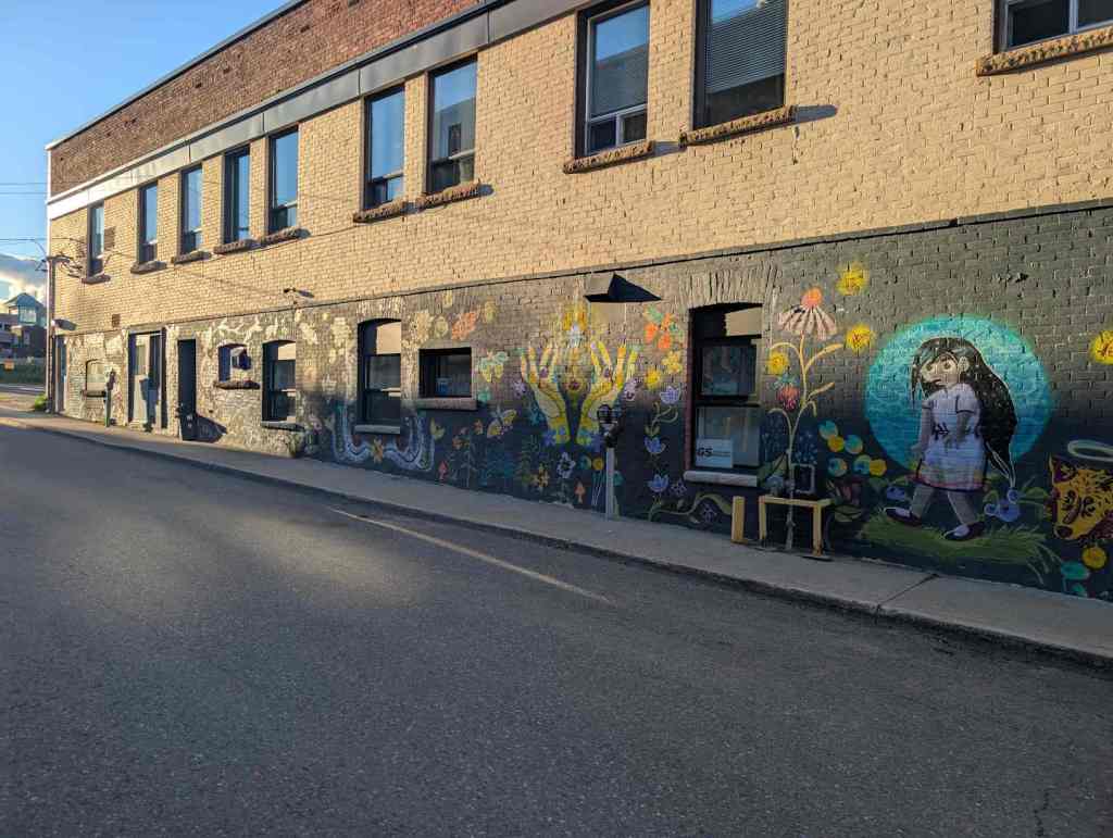 Ein buntes Mural mit einem Mädchen und Blumen.