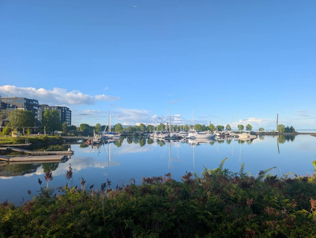 Grünes Ufer an seinem See mit vielen Booten und einzelnen Wolken, die sich im Wasser spiegeln. An Land sieht man Wohnhäuser, die mindestens acht Stockwerke haben.